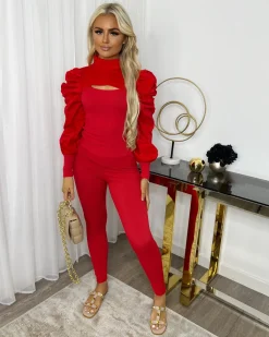 Hazel Slit Front Puff Sleeve Loungewear Set - Red