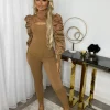 Hazel Slit Front Puff Sleeve Loungewear Set - Camel