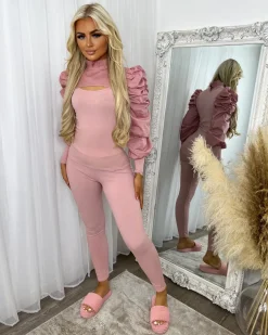 Hazel Slit Front Puff Sleeve Loungewear Set - Pink