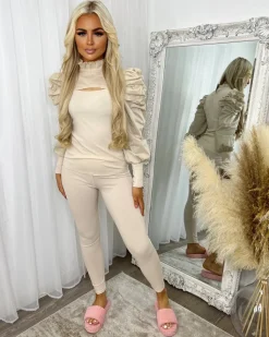 Hazel Slit Front Puff Sleeve Loungewear Set - Beige