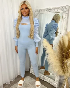 Hazel Slit Front Puff Sleeve Loungewear Set - Baby Blue