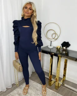 Hazel Slit Front Puff Sleeve Loungewear Set - Navy