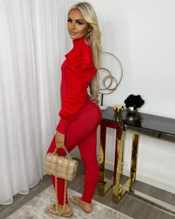 Hazel Slit Front Puff Sleeve Loungewear Set - Red