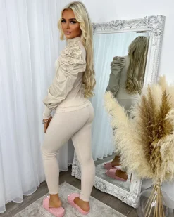 Hazel Slit Front Puff Sleeve Loungewear Set - Beige