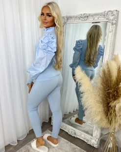 Hazel Slit Front Puff Sleeve Loungewear Set - Baby Blue