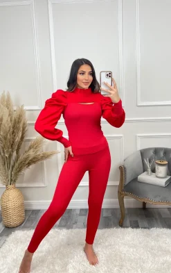Hazel Slit Front Puff Sleeve Loungewear Set - Red