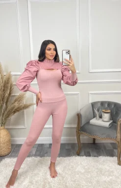 Hazel Slit Front Puff Sleeve Loungewear Set - Pink
