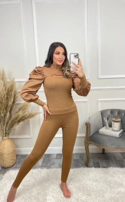 Hazel Slit Front Puff Sleeve Loungewear Set - Camel