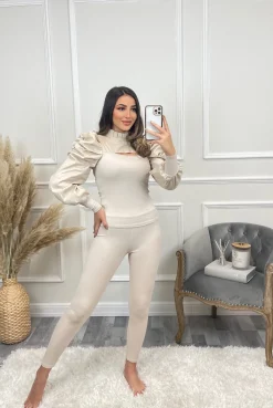 Hazel Slit Front Puff Sleeve Loungewear Set - Beige