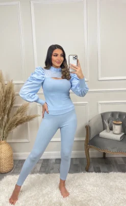 Hazel Slit Front Puff Sleeve Loungewear Set - Baby Blue