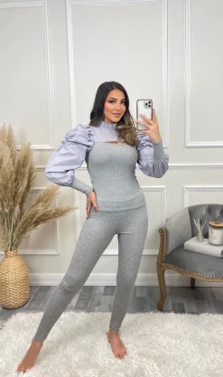Hazel Slit Front Puff Sleeve Loungewear Set - Grey