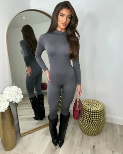 Indie Ribbed Contour Jumpsuit- Charcoal