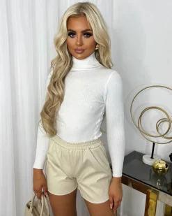 Isla PU Elasticated Waist Leather Shorts - Beige