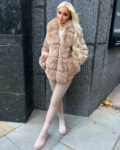 Isobella Belted Faux Fur Trim Hooded Coat - Camel