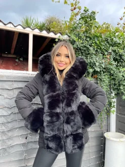 Isobella Belted Faux Fur Trim Hooded Coat - Black