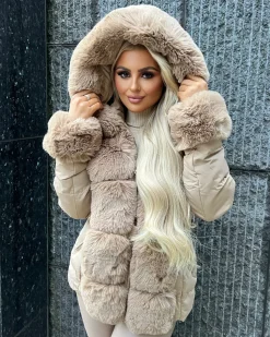 Isobella Belted Faux Fur Trim Hooded Coat - Camel