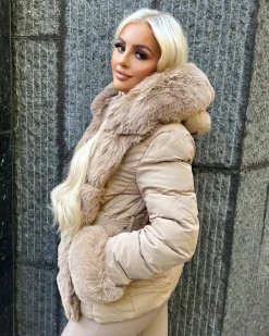 Isobella Belted Faux Fur Trim Hooded Coat - Camel
