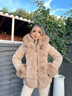 Isobella Belted Faux Fur Trim Hooded Coat - Camel