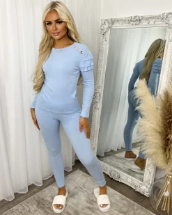Kara Gold Button Frill Loungeset - Baby Blue