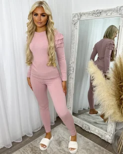 Kara Gold Button Frill Loungeset - Pink