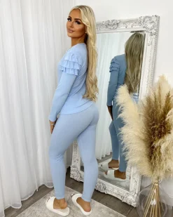 Kara Gold Button Frill Loungeset - Baby Blue