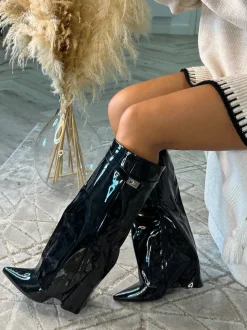 Kasia Knee High Fold Over Heels Boots - Black Patent