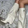 Kasia Knee High Fold Over Heels Boots - Beige