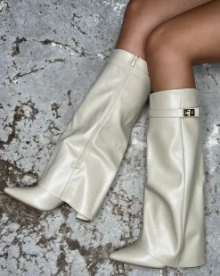 Kasia Knee High Fold Over Heels Boots - Beige