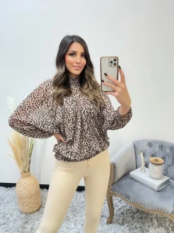 Katlyn Batwing High Neck Top - Leopard Beige