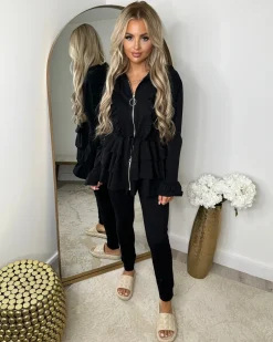 Kayla Frill Full Zip Loungewear - Black