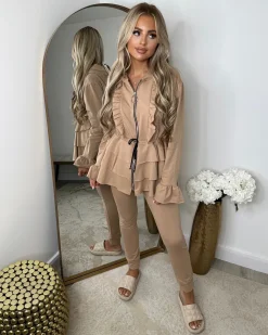 Kayla Frill Full Zip Loungewear - Camel