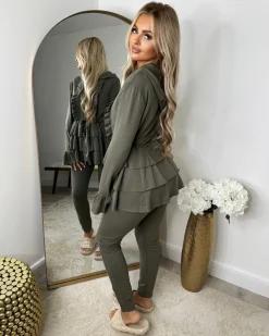 Kayla Frill Full Zip Loungewear - Khaki