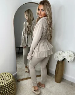 Kayla Frill Full Zip Loungewear - Beige