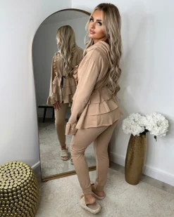 Kayla Frill Full Zip Loungewear - Camel