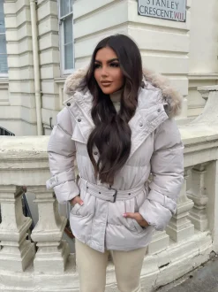 Kelsey Padded Faux Fur Hooded Coat - Beige