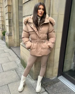 Kelsey Padded Faux Fur Hooded Coat - Camel