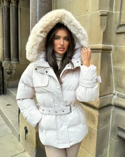 Kelsey Padded Faux Fur Hooded Coat - Beige