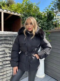 Kelsey Padded Faux Fur Hooded Coat - Black