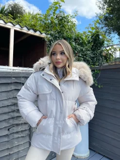 Kelsey Padded Faux Fur Hooded Coat - Beige