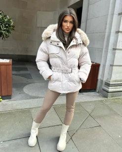 Kelsey Padded Faux Fur Hooded Coat - Beige