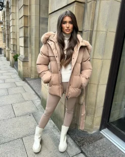 Kelsey Padded Faux Fur Hooded Coat - Camel
