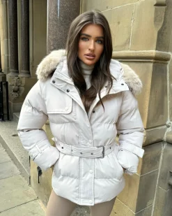 Kelsey Padded Faux Fur Hooded Coat - Beige
