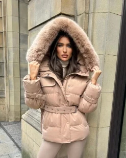 Kelsey Padded Faux Fur Hooded Coat - Camel