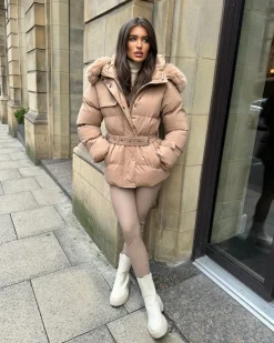 Kelsey Padded Faux Fur Hooded Coat - Camel