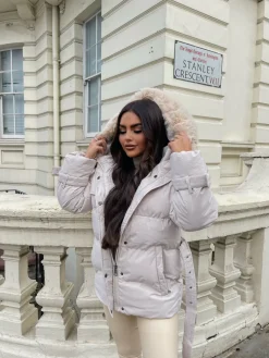 Kelsey Padded Faux Fur Hooded Coat - Beige