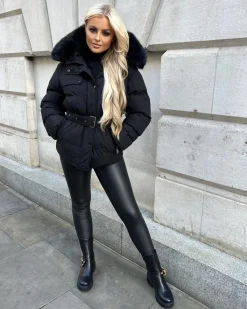 Kelsey Padded Faux Fur Hooded Coat - Black