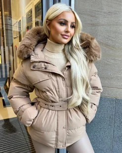 Kelsey Padded Faux Fur Hooded Coat - Camel