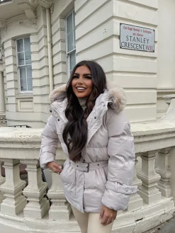 Kelsey Padded Faux Fur Hooded Coat - Beige