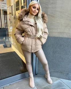 Kelsey Padded Faux Fur Hooded Coat - Camel