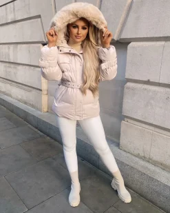 Kelsey Padded Faux Fur Hooded Coat - Beige